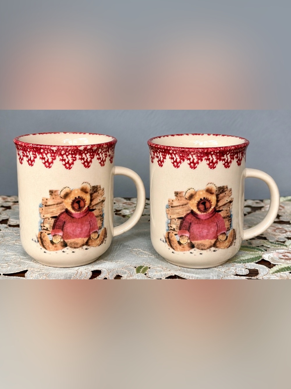 Vintage Cream Ceramic Bear Pattern Mugs (2) with Mauve Trim